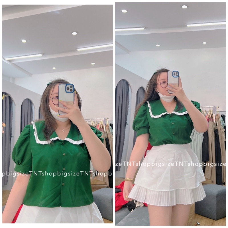 ÁO XANH LÁ TAY BÚP VIỀN BÈO TRẮNG [TNTSHOP BIGSIZE 60KG 90KG]
