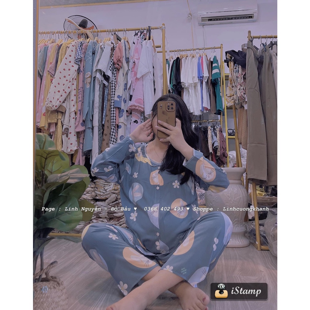 (SIZE ĐẠI )Bộ Bầu Pyjama lanh lụa có chun chỉnh bụng cho mẹ bầu và sau sinh (k có khóa ngưc)