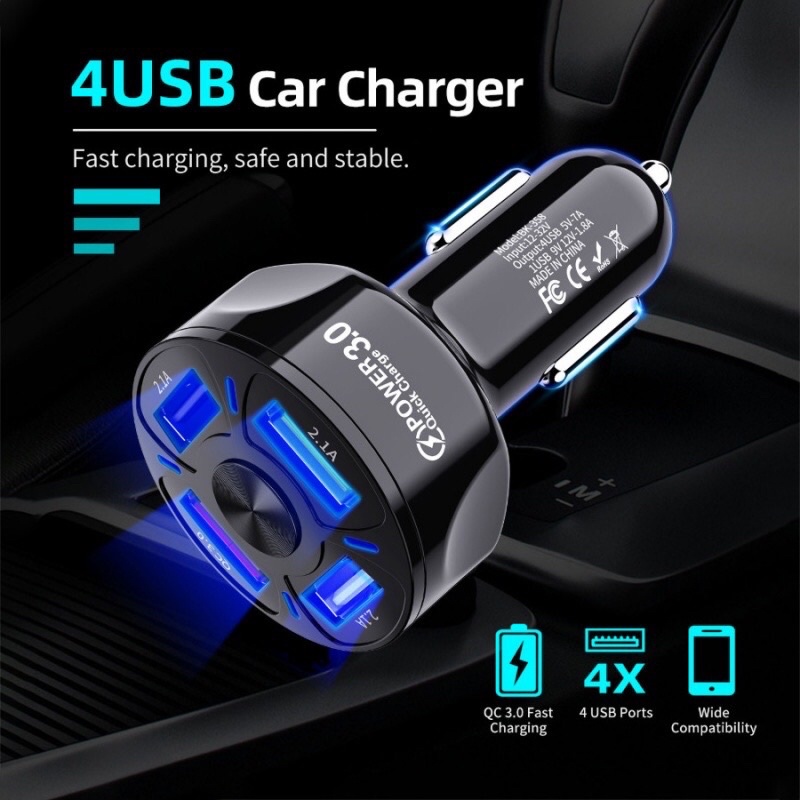 Tẩu sạc Ô tô 4 cổng USB, có 1 cổng sạc nhanh QC 3.0 dòng sạc lên đến 7A
