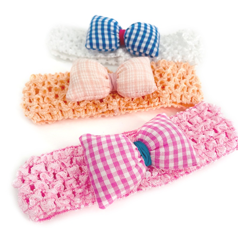 Băng Đô Cài Tóc Đan Len Co Giãn Đính Nơ Sọc Caro Màu Sắc Ngọt Ngào Xinh Xắn Cho Bé Gái