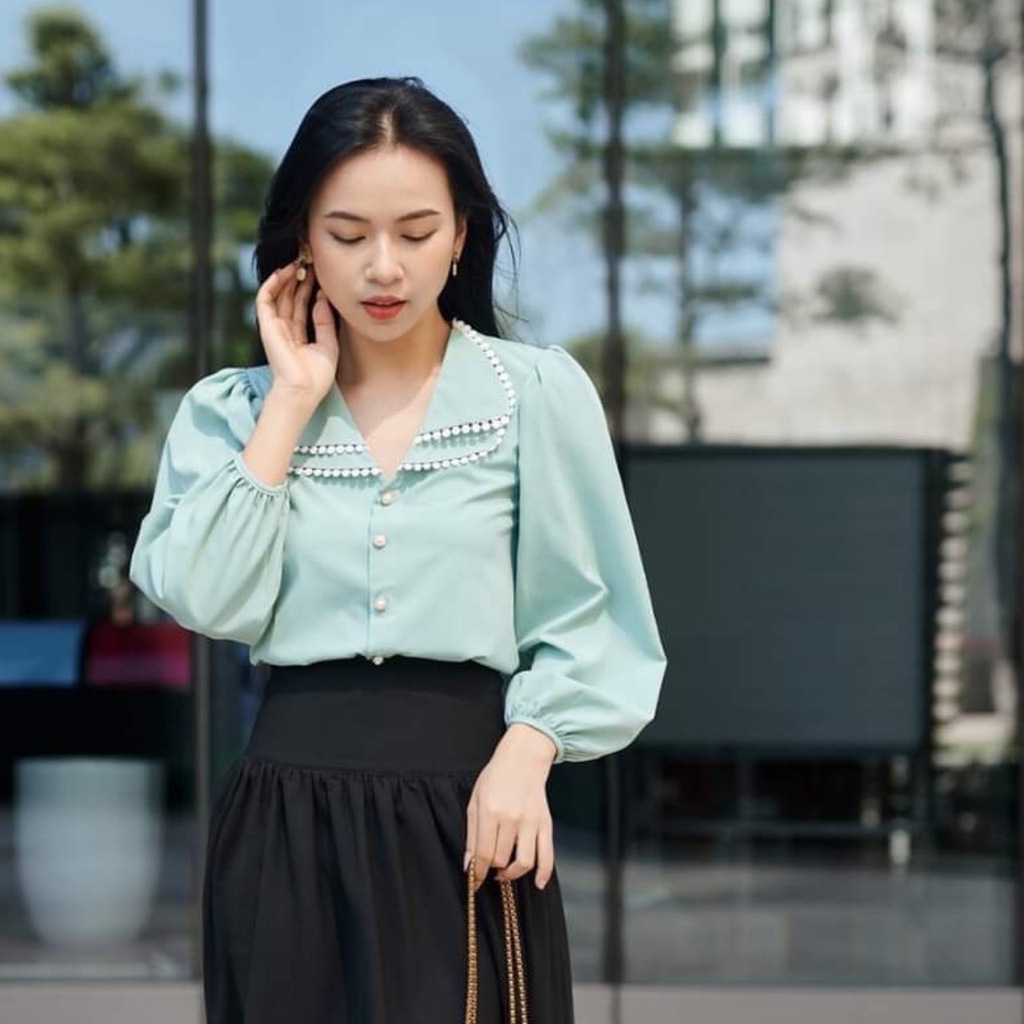 Áo sơ mi nữ Gloria Shop Áo kiểu nữ tay bồng cổ 2 lá phối ren màu trẻ trung chất lụa trơn hàng đẹp SMK 12 xanh !