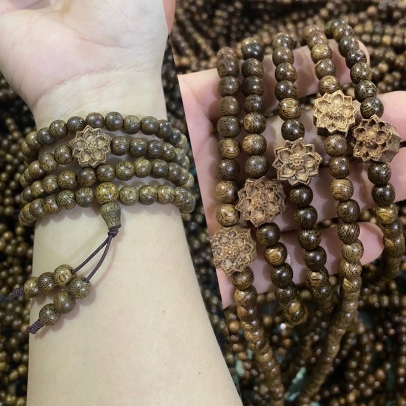 Vòng Trầm Hương 108 hạt mix Hoa Sen Tặng Hộp gấm + Thẻ Bình An