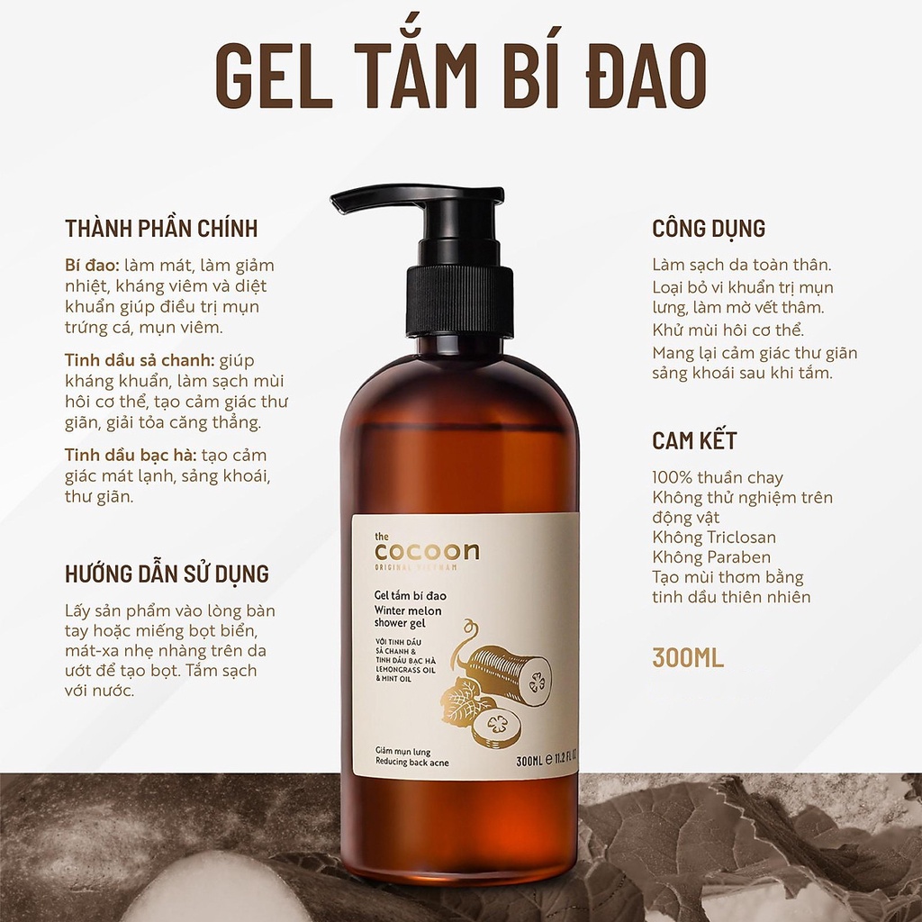 Gel tắm bí đao Cocoon sữa tắm organic Garin giảm mụn lưng, mang lại làn da sạch và mịn màng 300ml