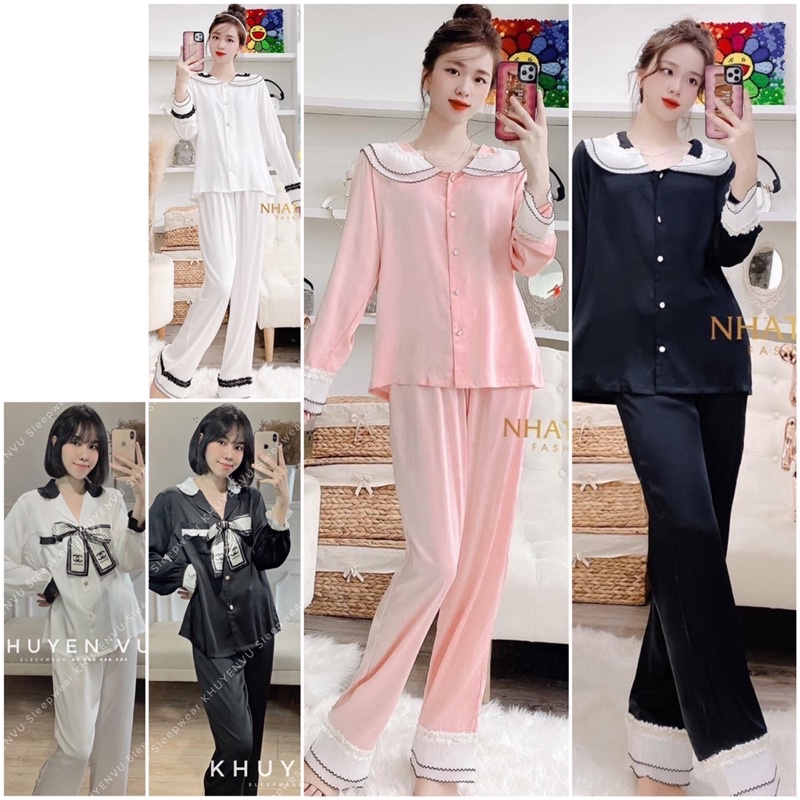 Đồ bộ pijama mặc nhà LỤA LATIN trơn tay dài TIỂU THƯ phối bèo hot trend kèm nơ cho bạn nữ sang trọng và tinh tế