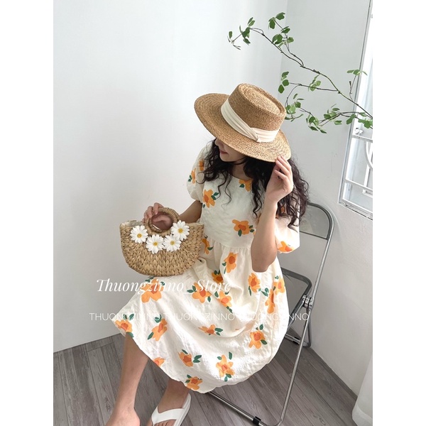 [Ảnh thật/Video]Váy hoa babydoll hoa vàng dáng dài hoa to Hàn Quốc Đầm hoa tươi tắn