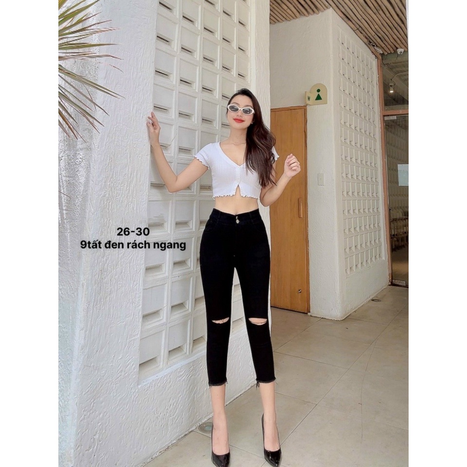Quần jean nữ 9 tấc màu đen tua lai rách gối lưng cao co giãn mạnh