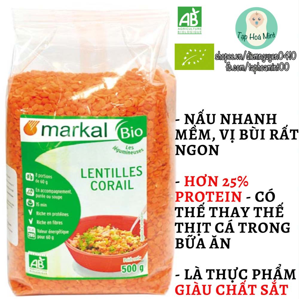 Đậu lăng đỏ cam san hô hữu cơ Markal 500g