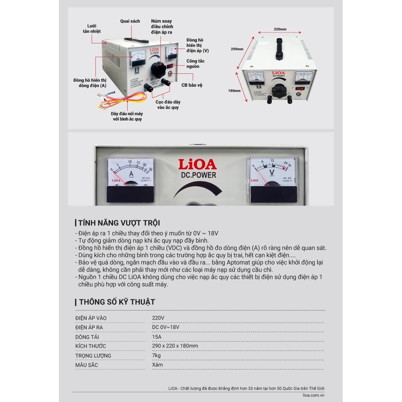 Máy nạp ắc quy LiOA BC1830 - Máy sạc bình ắc quy LiOA 12V dòng 30A cho oto, xe máy, máy xúc, máy cẩu