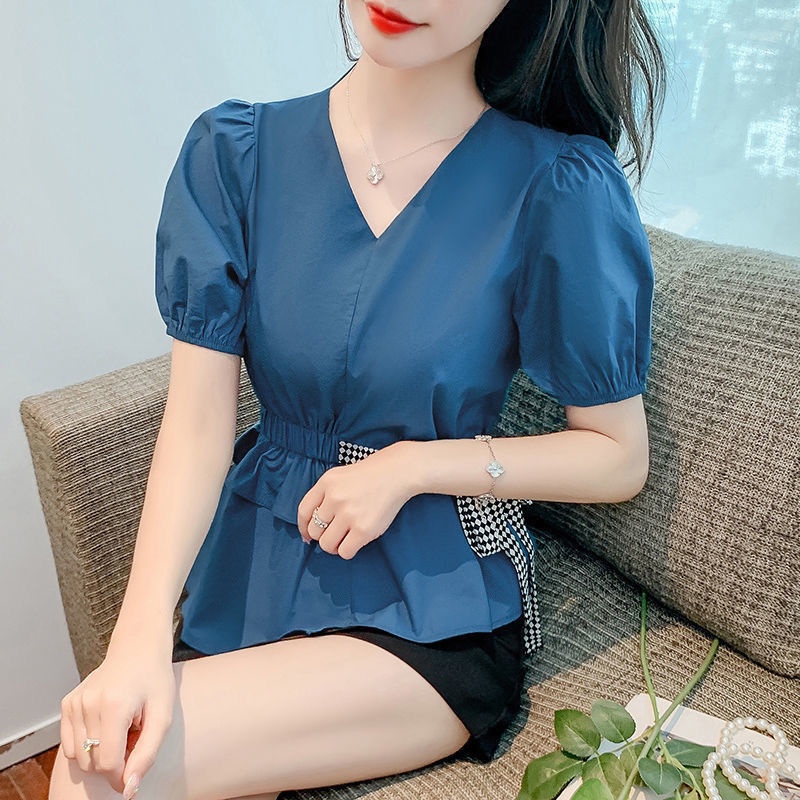 Áo Sơ Mi Tay Ngắn Cổ Chữ V Dáng Ôm Thiết Kế Đơn Giản Thời Trang Mùa Hè Cho Nữ