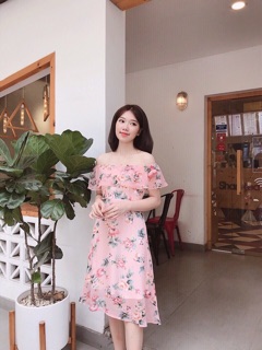 Váy hoa tơ trễ vai