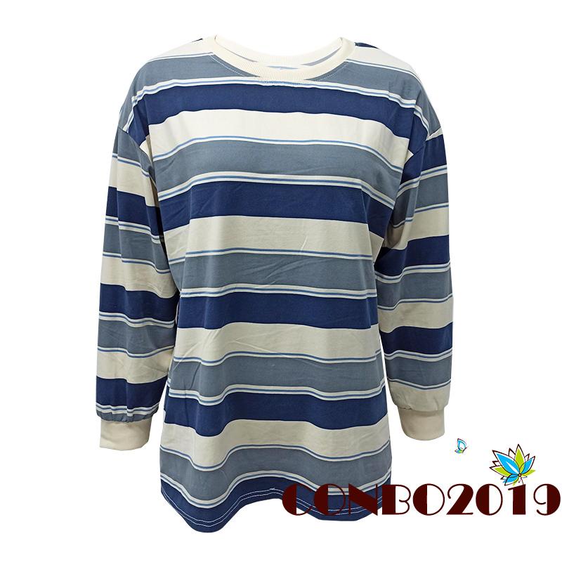 Áo Thun Tay Dài Cổ Tròn Dáng Rộng Họa Tiết Kẻ Sọc Thời Trang Cho Nữ