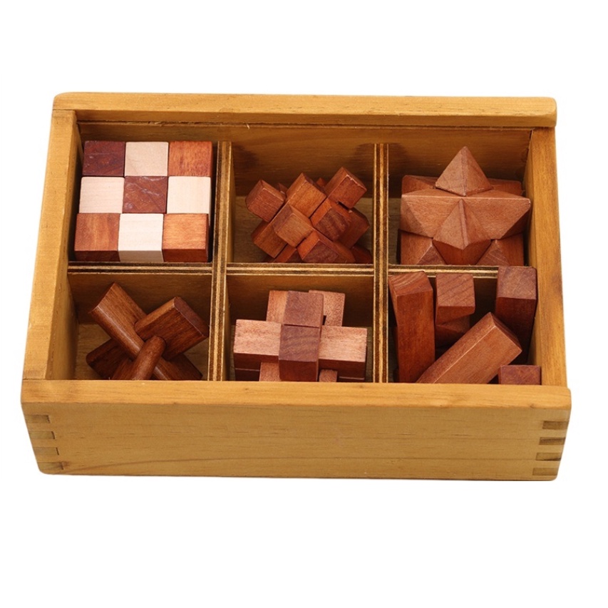 Bộ Đồ Chơi Mở Khóa Khổng Minh 06 Món Bằng Gỗ Rèn Luyện Trí Thông Minh Cho Bé Mini