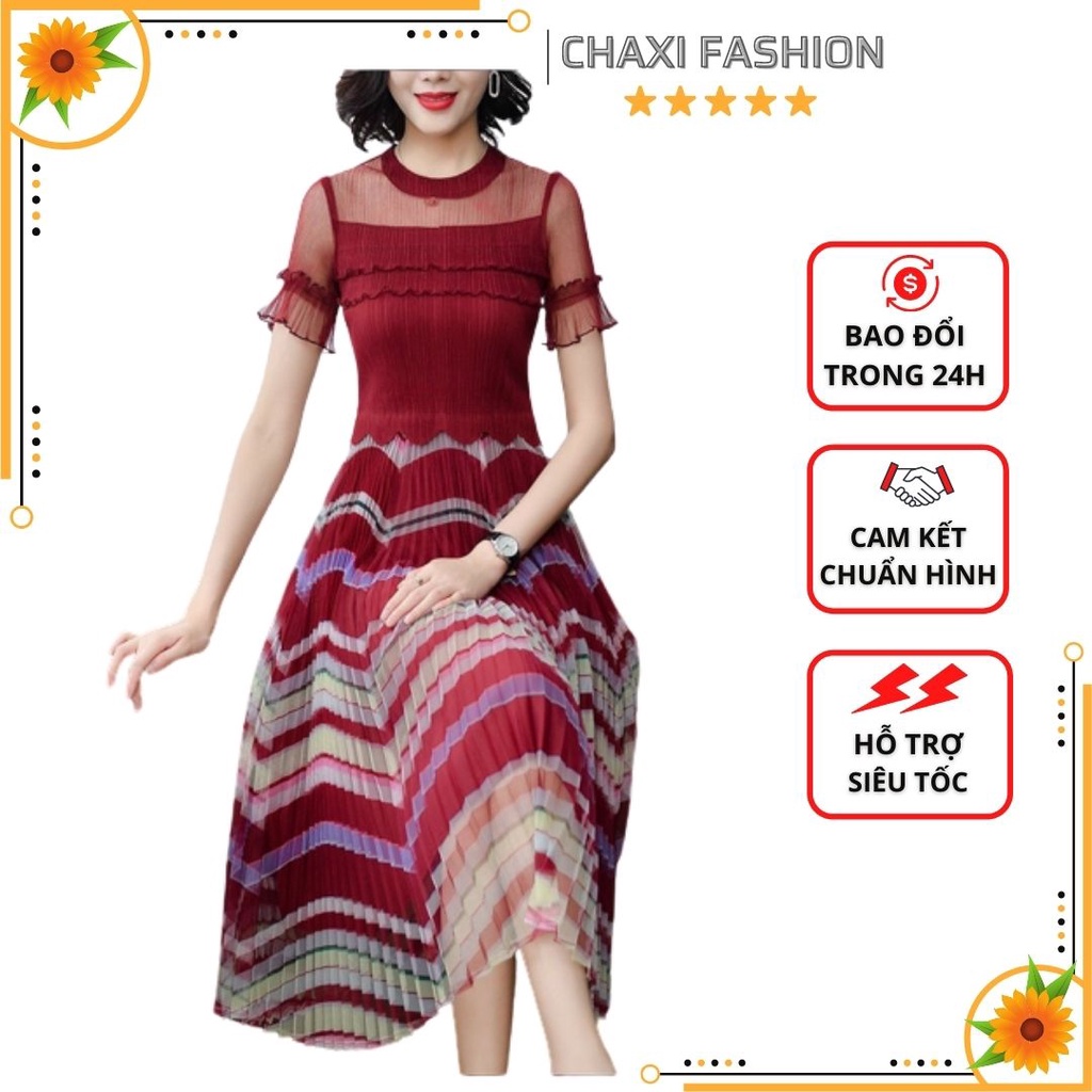 HÀNG NHẬP - ĐẦM XÒE MAXI REN LỤA DẬP LY GỢN SÓNG MÀU SIÊU SANG - LS23380