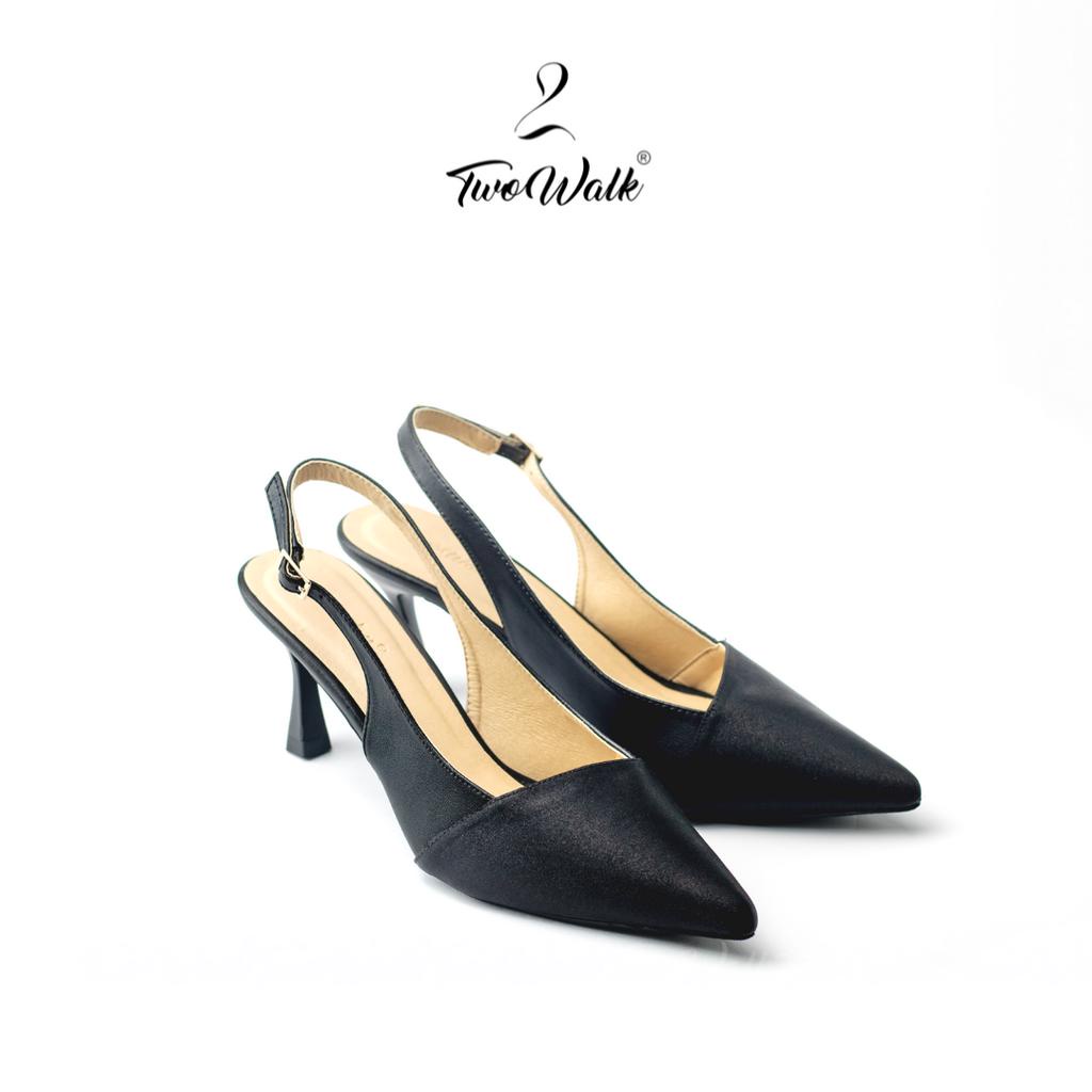 TWOWALK: First Light - Giày Nữ Cao Gót Mũi Nhọn Da Microfiber và Satin Cao Cấp - Màu Kem/ Đen - 7cm