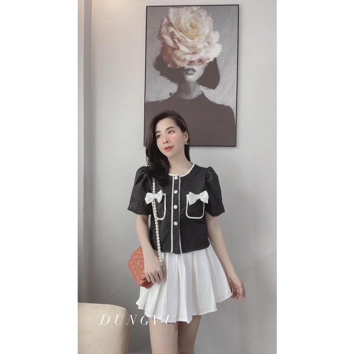 Áo Croptop - Áo Tay Phồng Ngắn Cổ Tròn Nơ Ngực Xinh Sắn Hk_shop9720