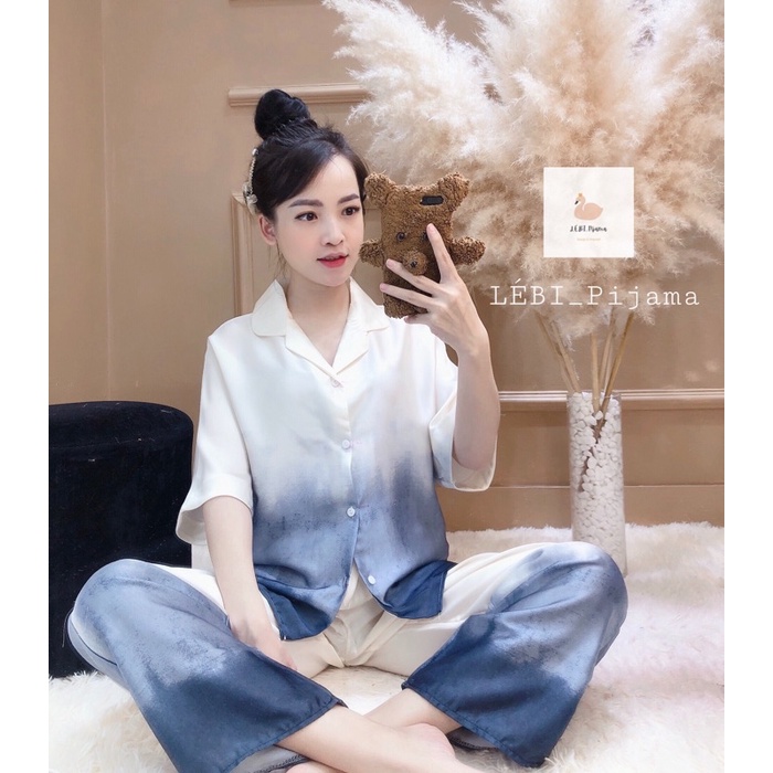 Đồ Bộ Ngủ Nguyên Set Pijama Quần Dài Tay Cộc Loang Xanh Lụa Latin Cao Cấp Thiết Kế Không Xù Mẫu Hot 2021