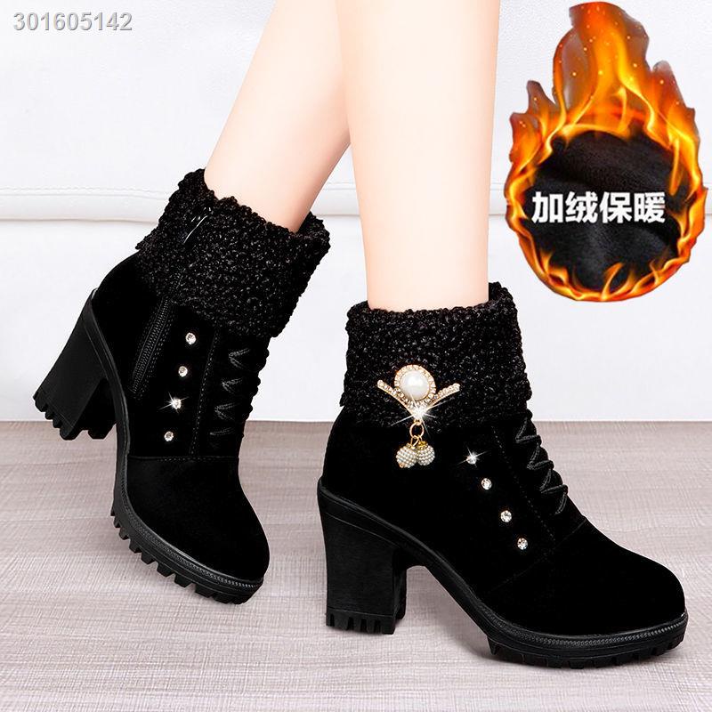 Giày bốt martin cao gót vải nhung dày dặn có khóa kéo phong cách Âu Mỹ thời trang thu đông 2021 dành cho nữ