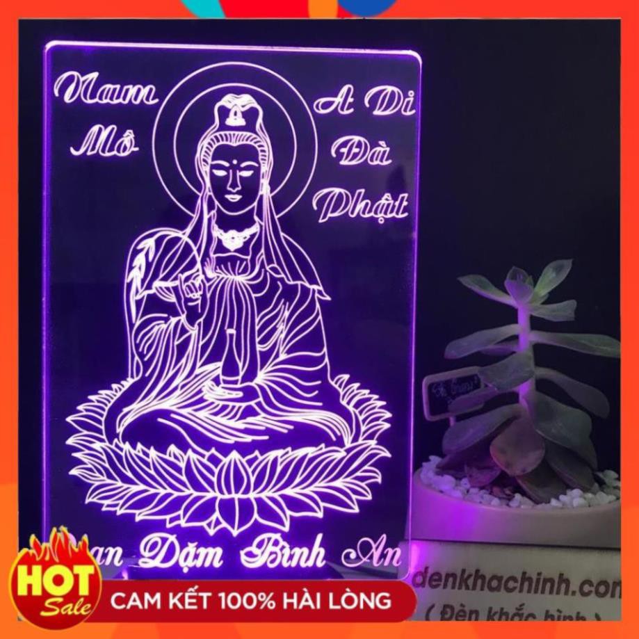 Đèn led tượng Mẹ Quan Âm vạn dặm bình an, tranh thư pháp, quà tặng, thiết kế và khắc hình theo yêu cầu
