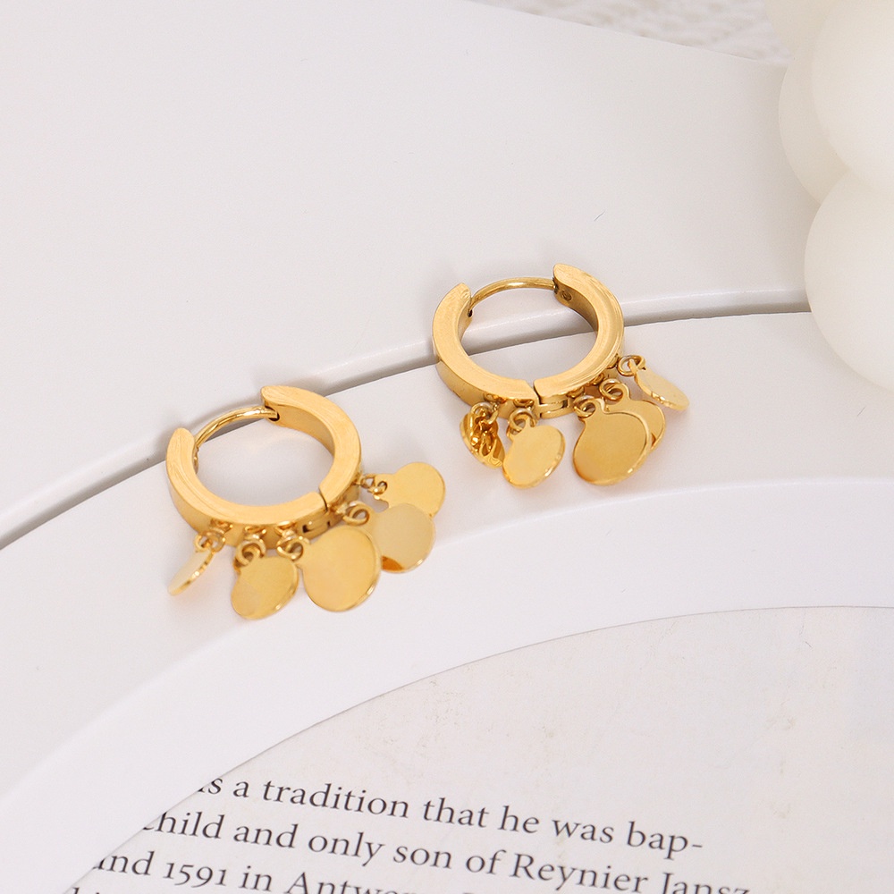 Bông tai thép titan mạ vàng 18K hình đĩa tròn đơn giản phong cách Hàn Quốc
