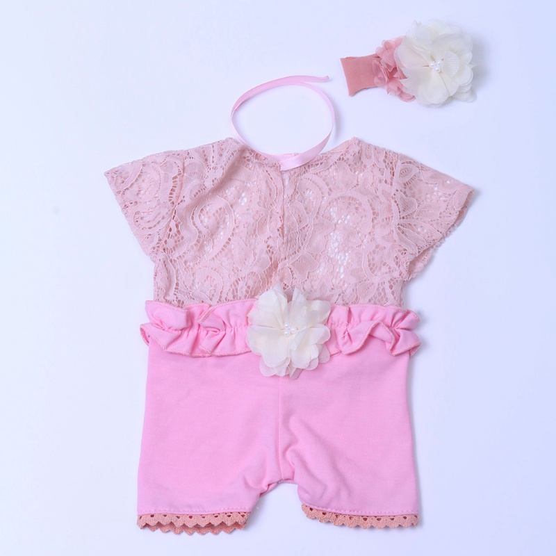 Bộ 2 Món Áo Liền Quần Phối Ren + Băng Đô Xinh Xắn Cho Bé Sơ Sinh 0-1 Tháng Tuổi