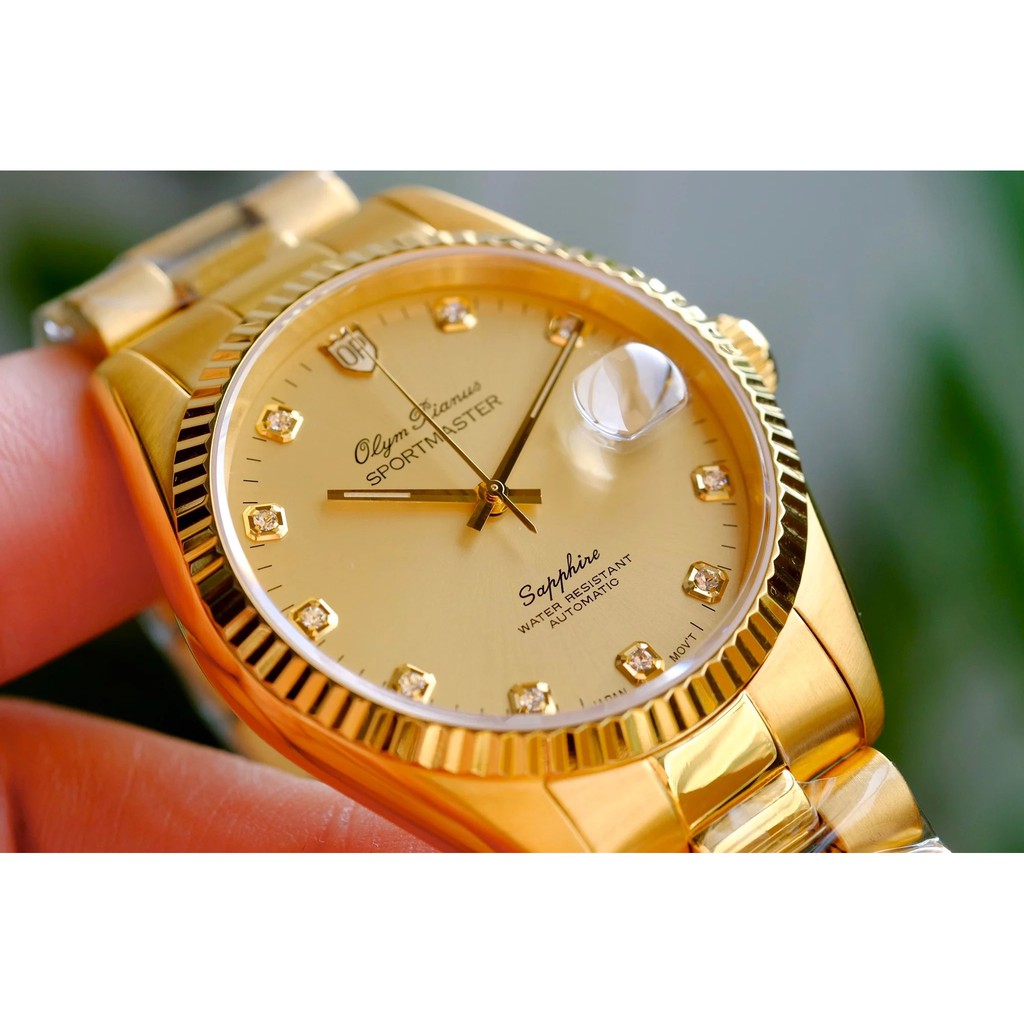 Đồng hồ nam dây kim loại mặt kính sapphire automatic Olym Pianus OP89322 OP89322AGK vàng