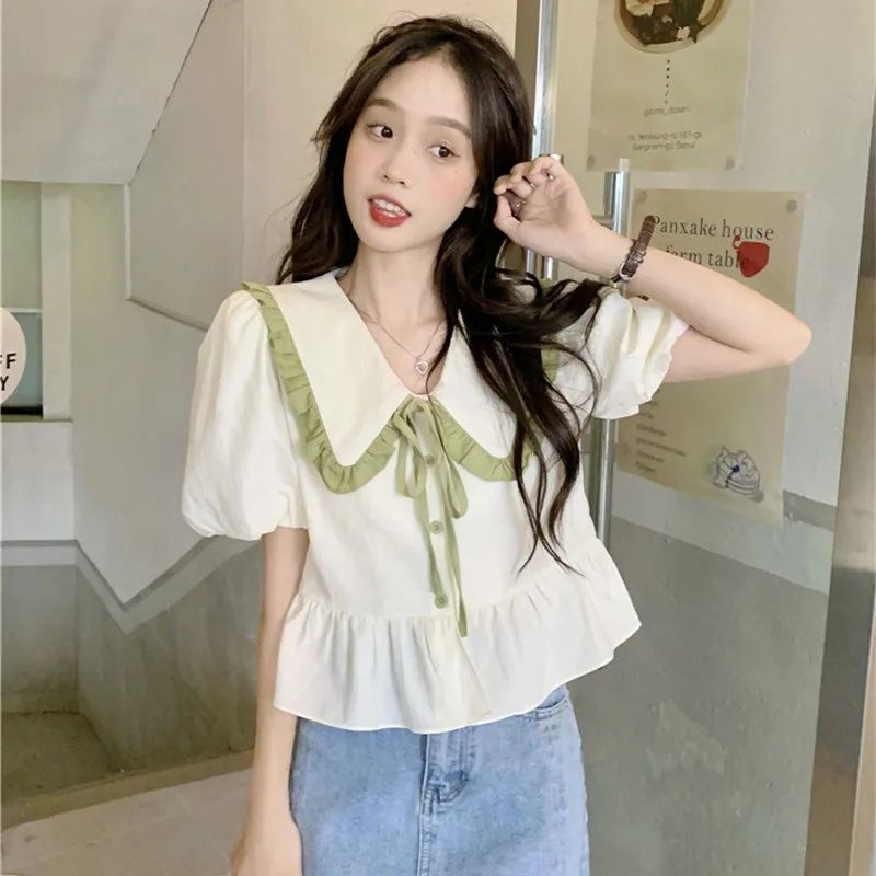 Áo Kiểu Tay Phồng Cổ Búp Bê Phong Cách Hàn Quốc Ngọt Ngào Thời Trang Mùa Hè Cho Nữ