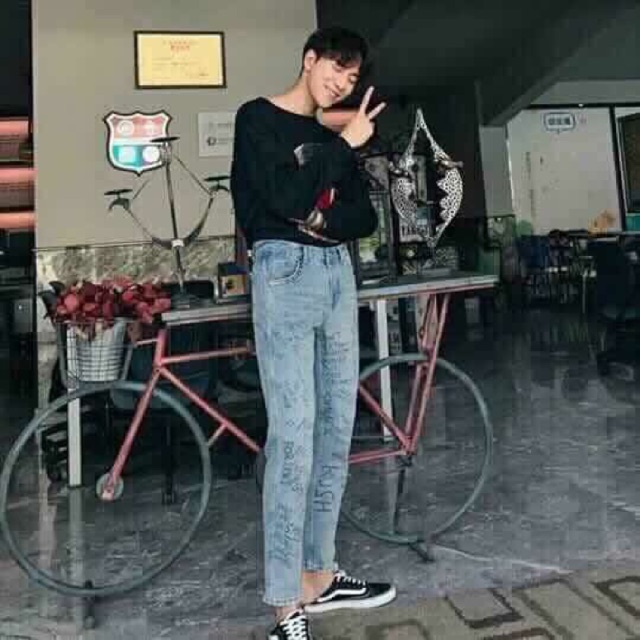 &lt;&lt;Có sẵn&gt;&gt; Quần jean dài họa tiết phong cách Hàn quốc cho nam cá tính năng động trẻ trung