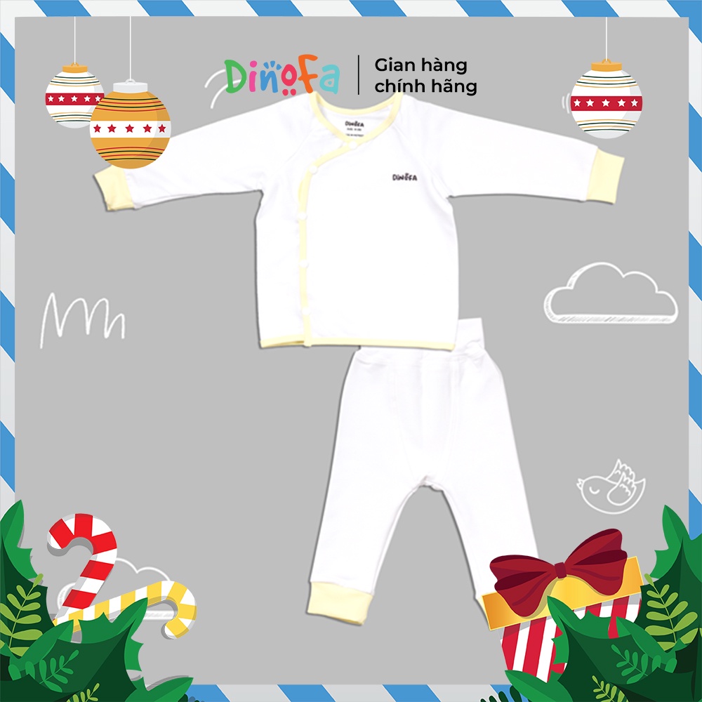 Set quần áo sơ sinh DINOFA từ 0-6 tháng thiết kế cúc chéo, màu trắng viền vàng, chất liệu co giãn, thấm hút tốt_B11 B32