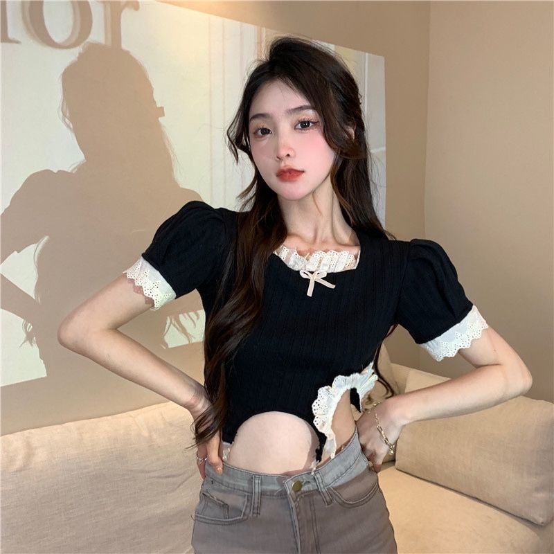 Áo Thun Eo Cao Thiết Kế Ren Thời Trang Mùa Hè Nhẹ Nhàng Thông Dụng Cho Nữ