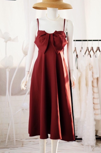 Đầm midi xoè 2 dây phối nơ | BigBuy360 - bigbuy360.vn
