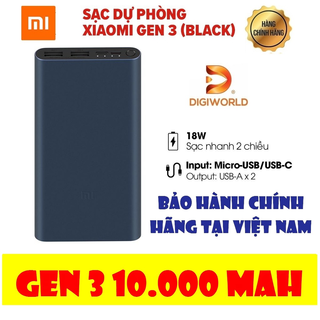 Pin Sạc Dự Phòng Xiaomi Gen 3 10000mAh | Chính Hãng Digiworld | Sạc Nhanh 18W Cổng Type-C |VXN4273GL/VXN4274GL PLM13ZM