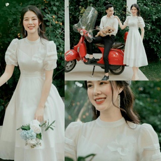 ĐẦM TIỂU THƯ TIỆC TRẮNG XOÈ TAY PHỒNG XẾP LY TẶNG KÈM TAG HOA