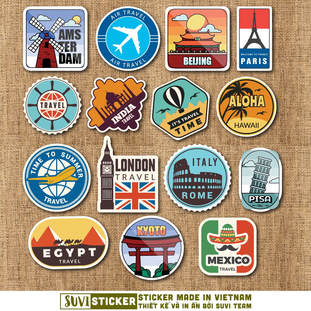 50 Sticker Vintage Travel chống nước sticker dán laptop, điện thoại, đàn guitar, mũ bảo hiểm, vali. MSP: T11