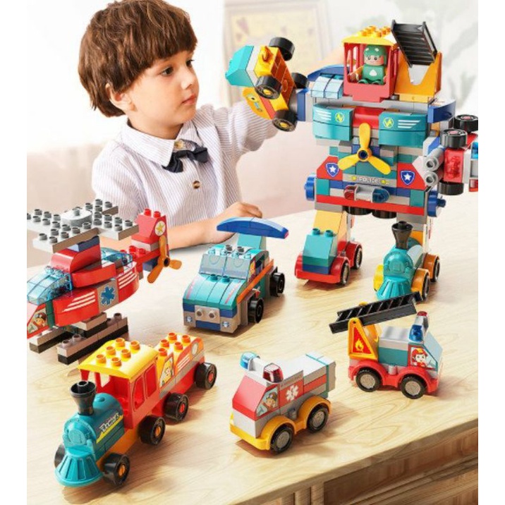 Đồ Chơi Xếp Hình Lego Duplo 195pcs  Lắp Ghép Robot, Oto, Máy Bay,Tàu Hỏa, Xe Cứu Thương Cho Bé