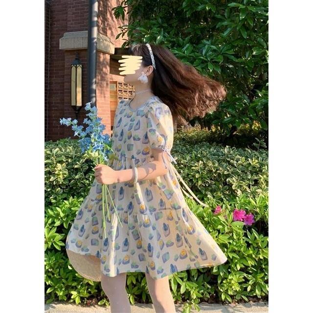 Đầm tay phồng lưng cao in họa tiết xinh xắn dành cho nữ