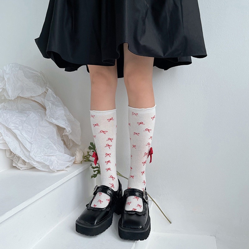 Youyo Vớ Ống Lửng Vừa Bằng Cotton Co Giãn Phối Bèo Nhún Họa Tiết Chấm Bi Phong Cách Lolita Nhật Bản Dễ Thương Cho Nữ