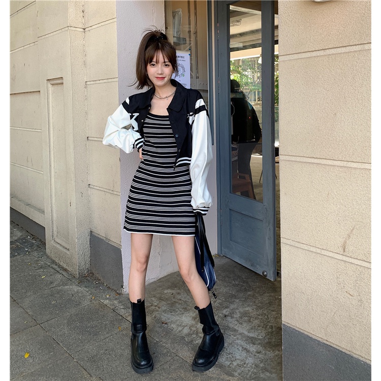 Đầm dệt kim XIAOZHAINV 2 dây kẻ sọc phong cách Hàn Quốc quyến rũ