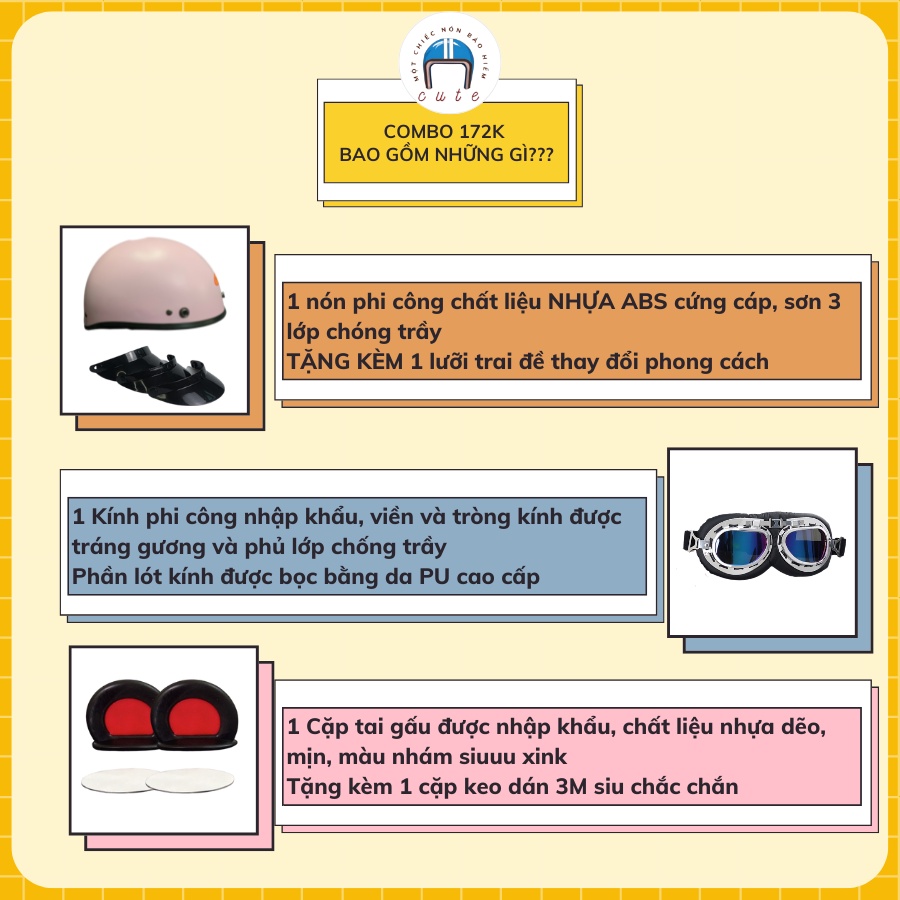 Nón bảo hiểm nữa đầu kèm kính phi công kèm tai gấu Cute, nón bảo hiểm chất liệu nhựa ABS, kính phi công bọc da Cute Shop