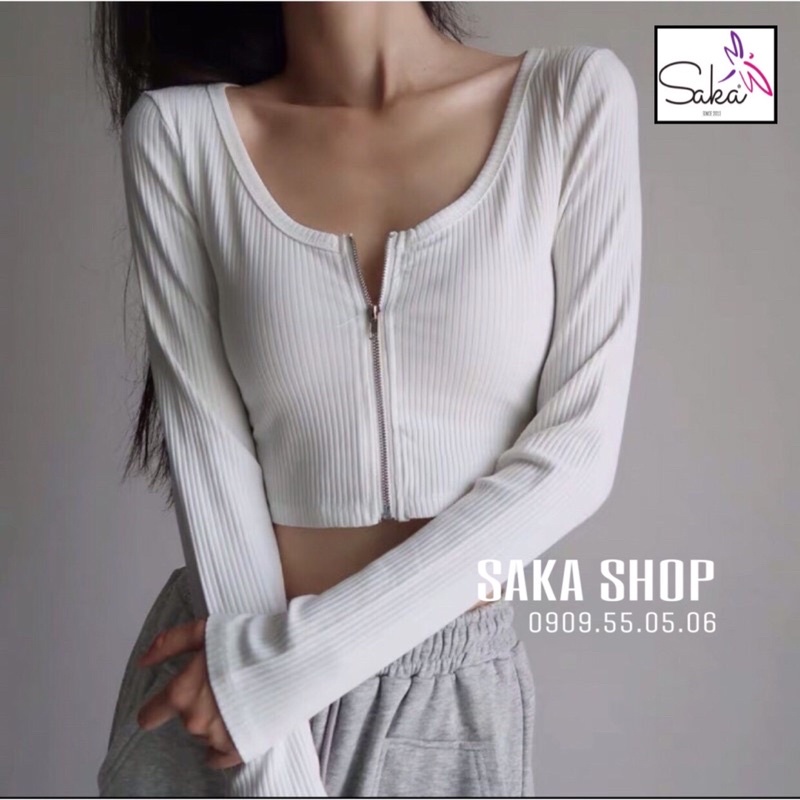 Áo croptop nữ tay dài khoá kéo đen trắng