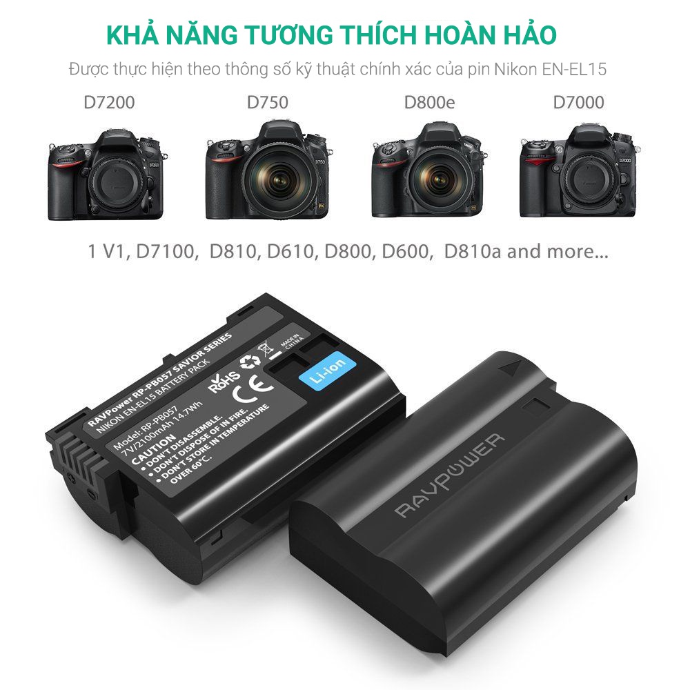 Pin và sạc Nikon EN-EL15 hãng RAVPOWER RP-PB057 cho Nikon D810, D610, D800, D850, D600, D800e, D7100, D750, D7000, D7200
