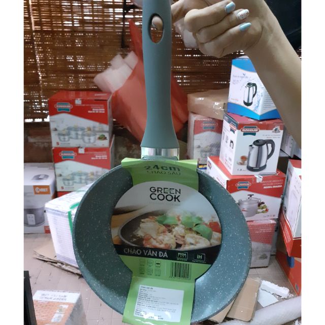 CHẢO ĐÁ GREEN COOK 22 Cm CAO CÁP (dùng cho mọi loại bếp) giãm 25k