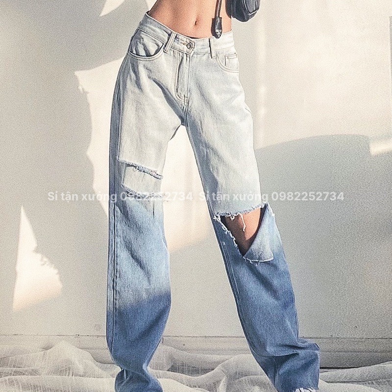 Quần jean suông nữ lưng cao rách gối, quần bò ống rộng loang màu chất xịn phong cách Hàn Quốc 9612