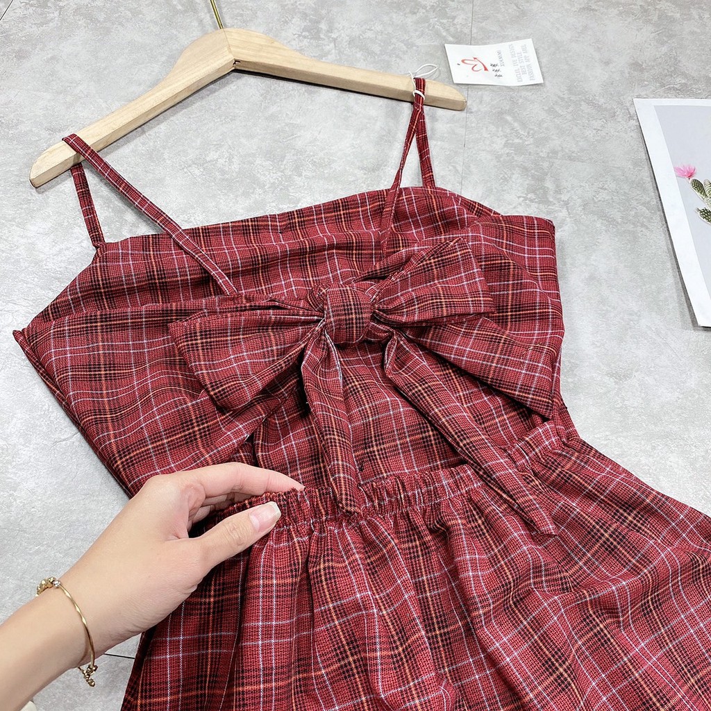 Váy Hai Dây Kẻ Ô Quảng Châu Ulzzang Hàn Quốc Cực Xinh Giá Rẻ- Hàng sẵn- Váy kẻ đỏ hở lưng