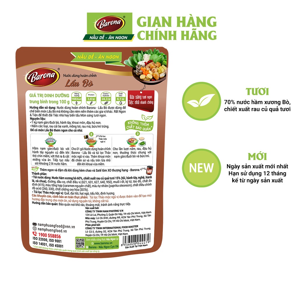 Combo 1 hộp (10 gói) Nước Dùng Lẩu Bò Barona 164g tươi ngon chuẩn vị không cần nêm nếm
