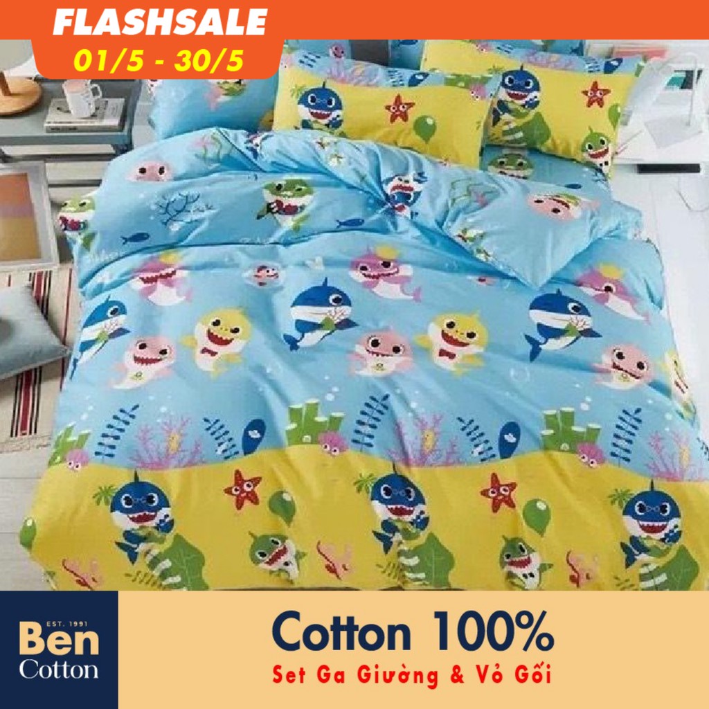 [FREESHIP] Bộ Ra Giường & Vỏ Gối Cotton 100% - Em Bé 1m6 1m8 - BENCOTTON Xanh Dương Vàng Baby Shark Hoạt Hình