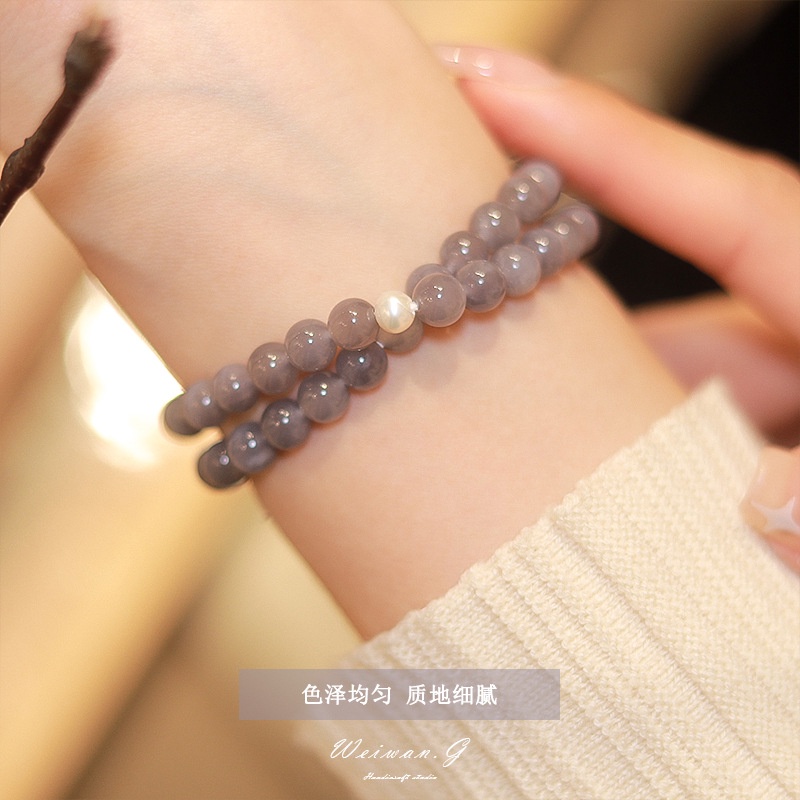 [Hàng Mới] Vòng Tay Hạt Tròn Hai Lớp Màu Xám Khói Tươi Trẻ Dành Cho Nữ