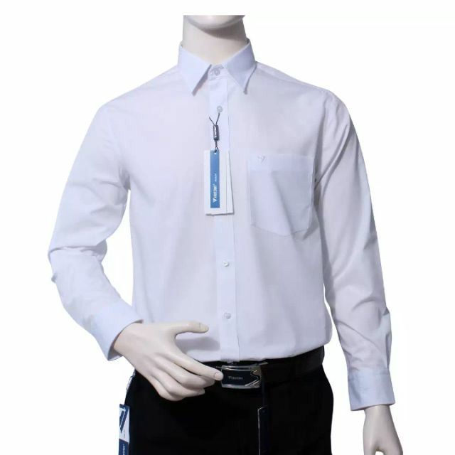Aó sơ mi nam Việt Tiến màu Trắng dài tay (vải spun poli ),, chính hãng , cao cấp – form suông REGULAR- tà bầu