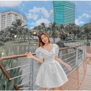 Đầm vintage, váy xoè, váy dự tiệc trắng cổ V đắp chéo (kèm hình thật)