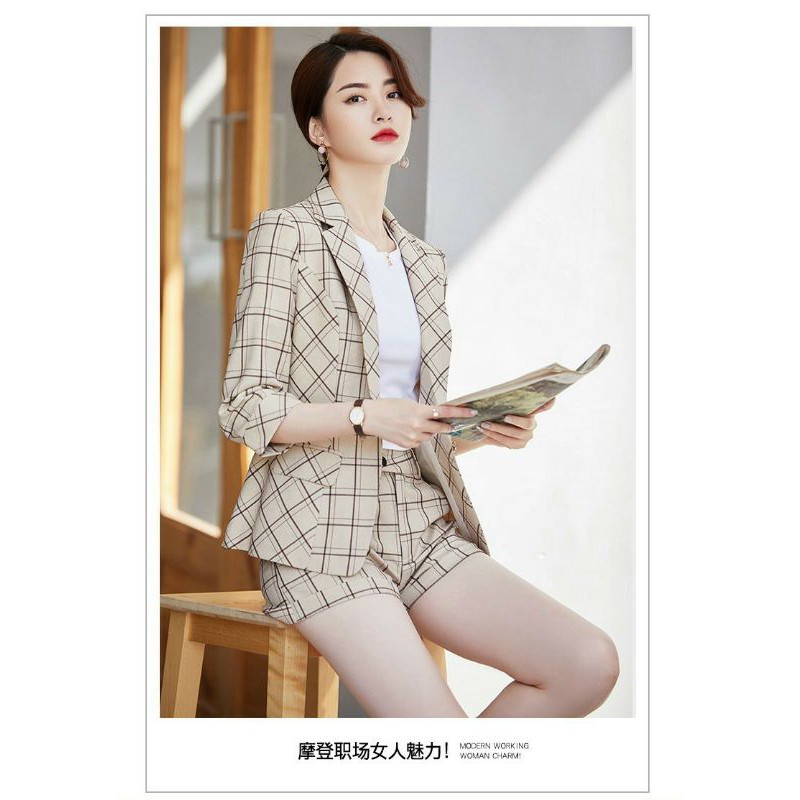 Hàng nhập - Set bộ vest nữ short kẻ caro, bộ vest blazer công sở kaki lụa