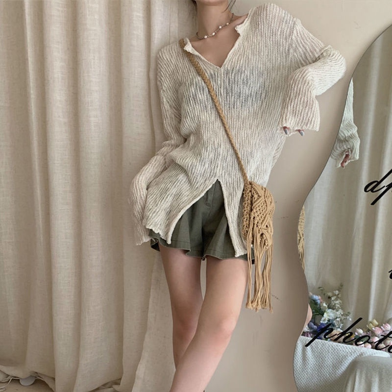 COZOKC COZOK Áo kiểu COZOK dệt kim tay dài dáng rộng thiết kế xẻ tà che nắng thời trang quyến rũ dành cho nữ